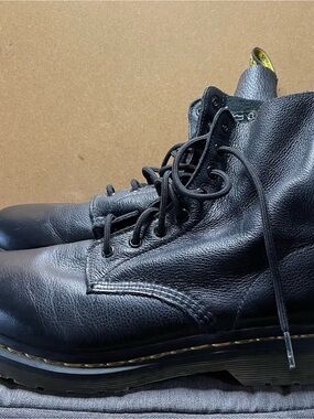 Dr. Martens Black Pebbled Leather Lace-Up Combat Boots with Yellow Heel Loop